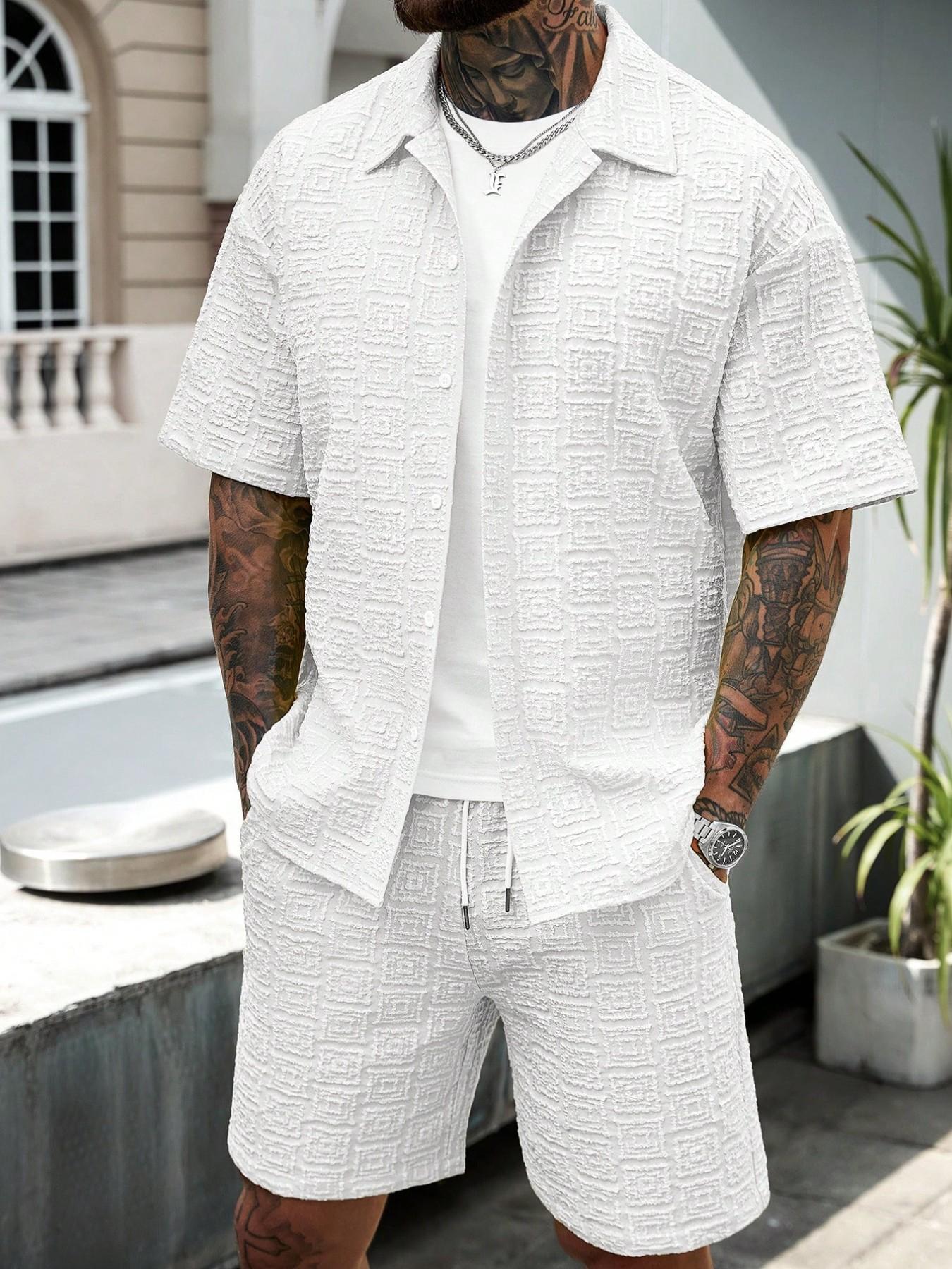 Men's Two-Piece Set Plain Short Sleeve Shirt and Shorts, Casual Button-Down Top and Shorts, for Summer Vacation and Beach