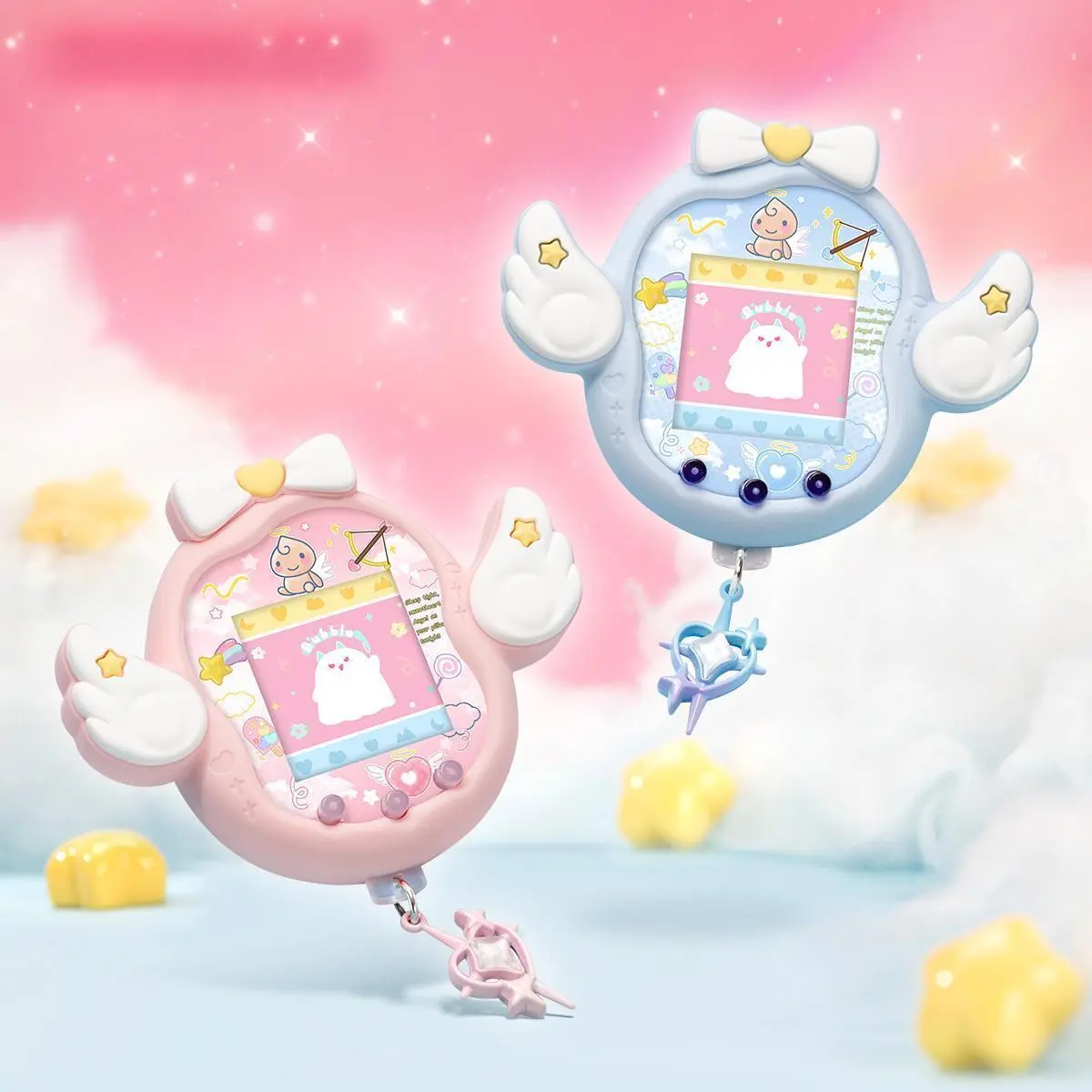 Handheld Silicone Protective Case for Tamagotchi Uni - Cute Blue & Pink Angel Themed, Includes Panel Paper, Dust Plug, New Gift Option