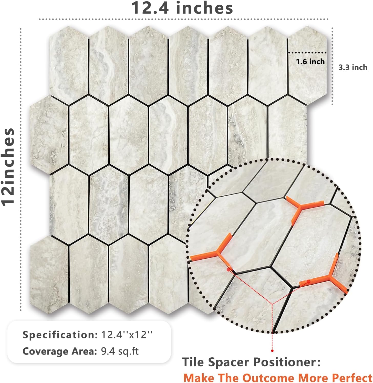 Vamos Tile Long Hexagon Peel and Stick Backsplash Tile - 10 Sheets Stick on Backsplash for Kitchen and Bathroom 12.4 x 12 Inch Beige Slate Look PVC Self Adhesive Mosaic Wall Tiles