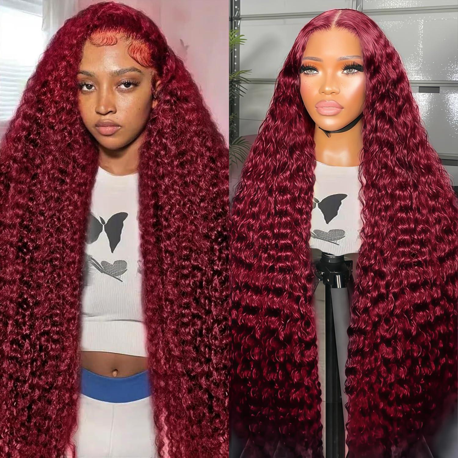 [26 Inch Only $140] STERLY 200% Density Burgundy / Natural Color 13x6 Lace Frontal Human Hair Deep Wave Wig Ombre Color Water Wave Wig 99J Curly Wigs #FB30 Highlight Pre Plucked Pre Cut Beginner Friendly Wig Smooth HD Transparent Lace Wig
