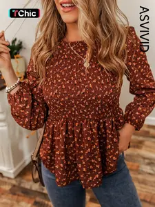 Women's Ditsy Floral Print Peplum Shirred Smocked Blouse, Peplum Top, Going Out Tops, Casual Bishop Sleeve Round Neck Top for Daily Wear, Ladies Clothes for Fall