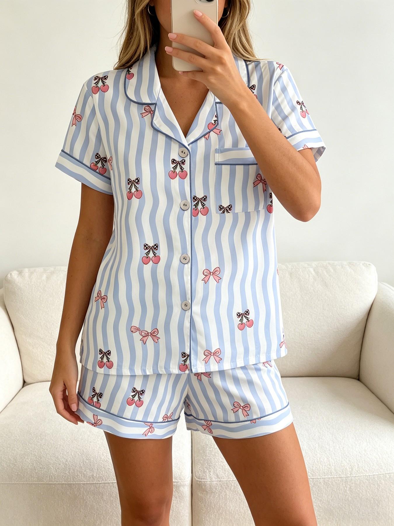Women's Short Sleeve Button Down Top and Shorts Pajama Set, Spring Summer Wear, Loose Loungewear, For Preppy Style Lovers, Blue White Striped Preppy Cherry Print, Classic Lapel Collar, Loose Fit, Comfortable For Study & Relaxing, Matching Pj Set