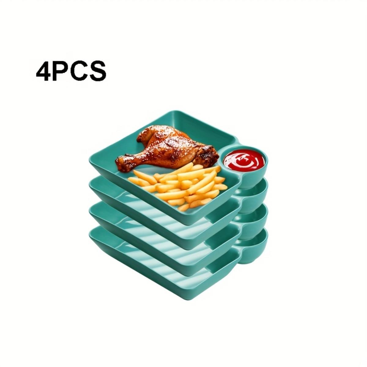 4PCS Multi-Purpose Divided Serving Plate Set, Plastic Snack Trays with Separate Dip Sauce Section, Perfect for Appetizers, Fried Chicken, Fries, Sushi, Dumplings and Desserts, Crack-Resistant, Microwave and Dishwasher Safe, Kitchen Restaurant Dorm