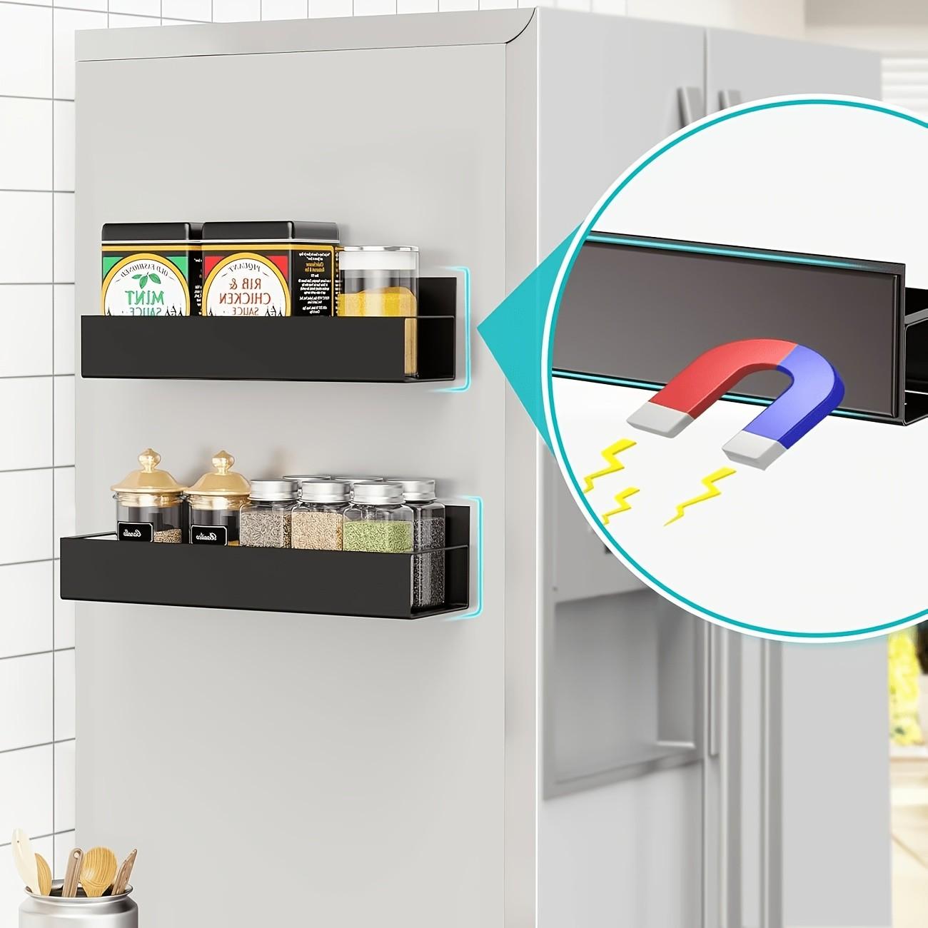 1 Set Magnetic Side Storage Rack, Magnetic Attachment, Universal for Refrigerator & Washing Machine Side - Easy to Install, No Drilling Required, Stylish Black Metal Finish. Wall-Mounted Spice Organizer, Suitable for Storing Laundry Essentials.