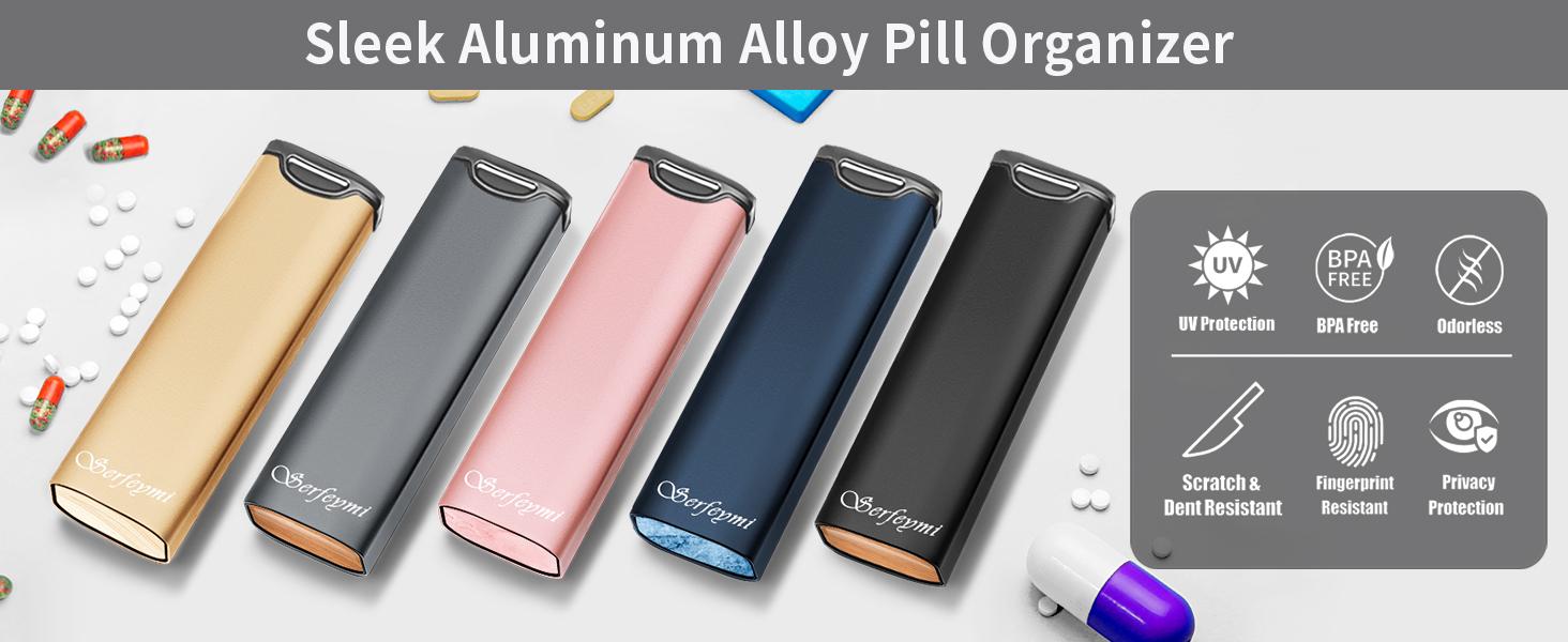 Serfeymi Metal Weekly Pill Organizer - 7-Day Travel Pill Case w/ Spare Gasket | Dosette Box, Tablet & Medicine Holder