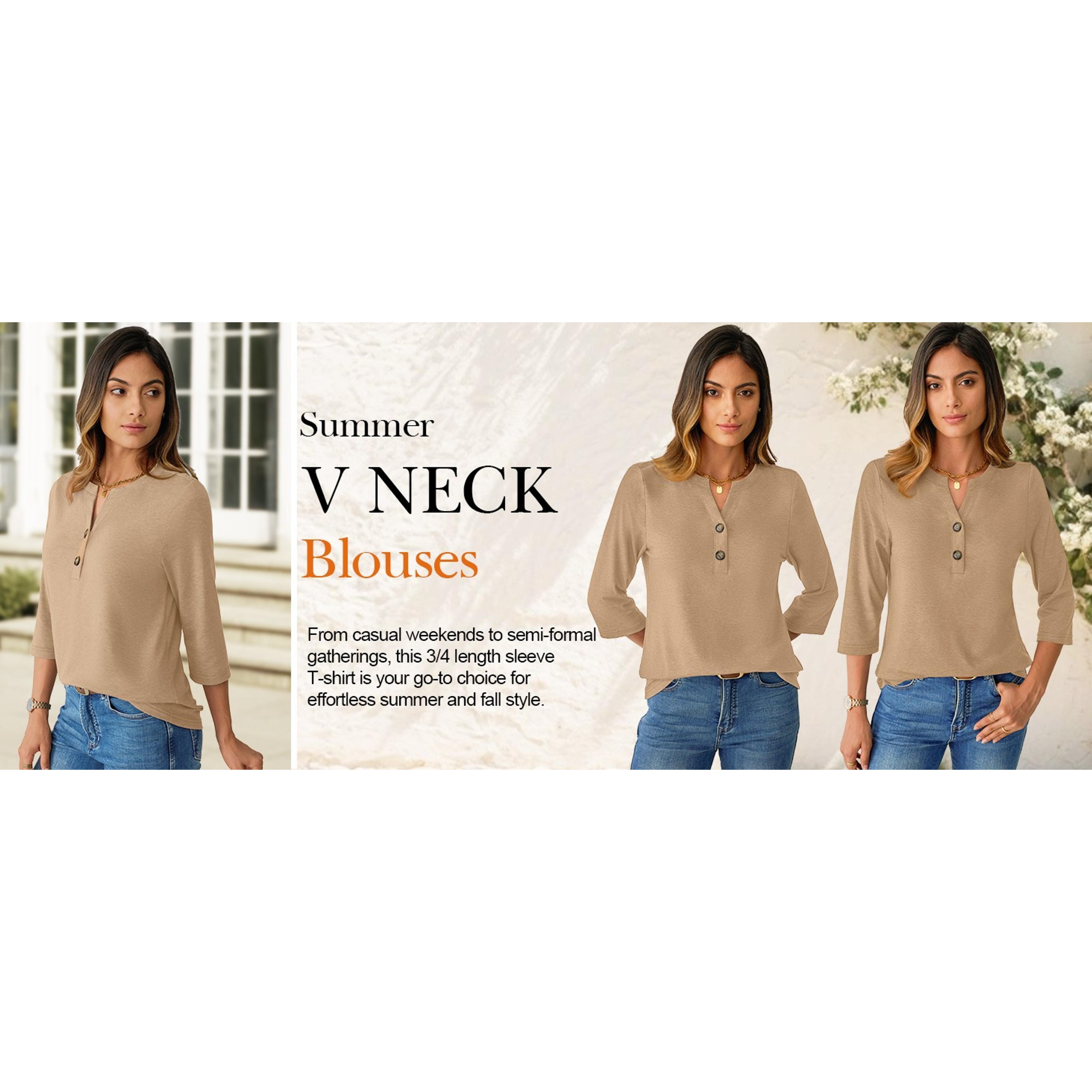 Womens 3/4 Sleeve V Neck Button Down Henley Shirts Business Casual Basic Tees Summer Top(Gift)