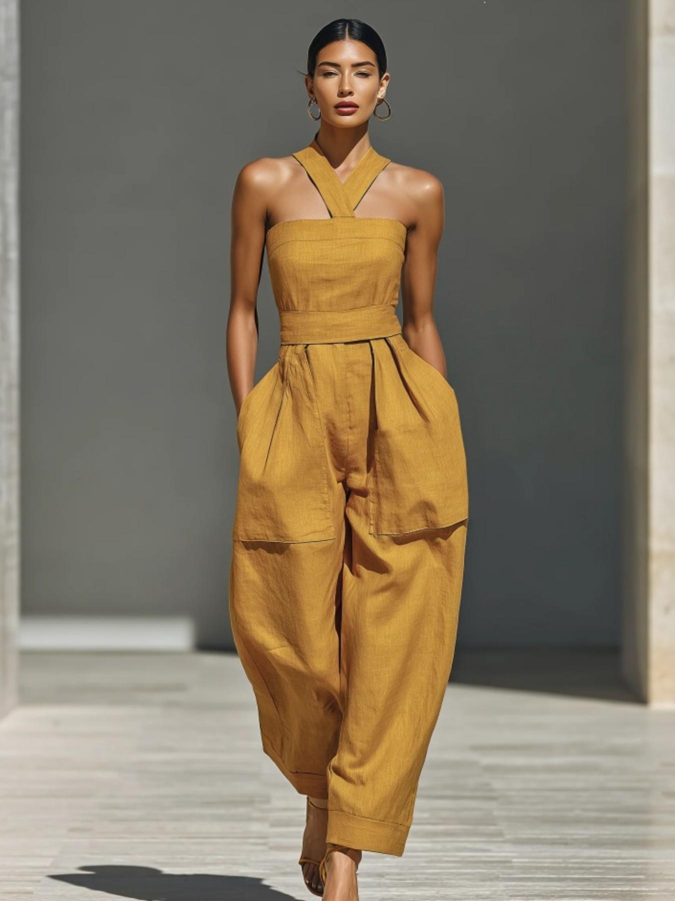 2026 Summer New Solid Color Cross Halter Neck with Pockets Loose Fit Women's Romper, Stylish and Comfortable One-Piece