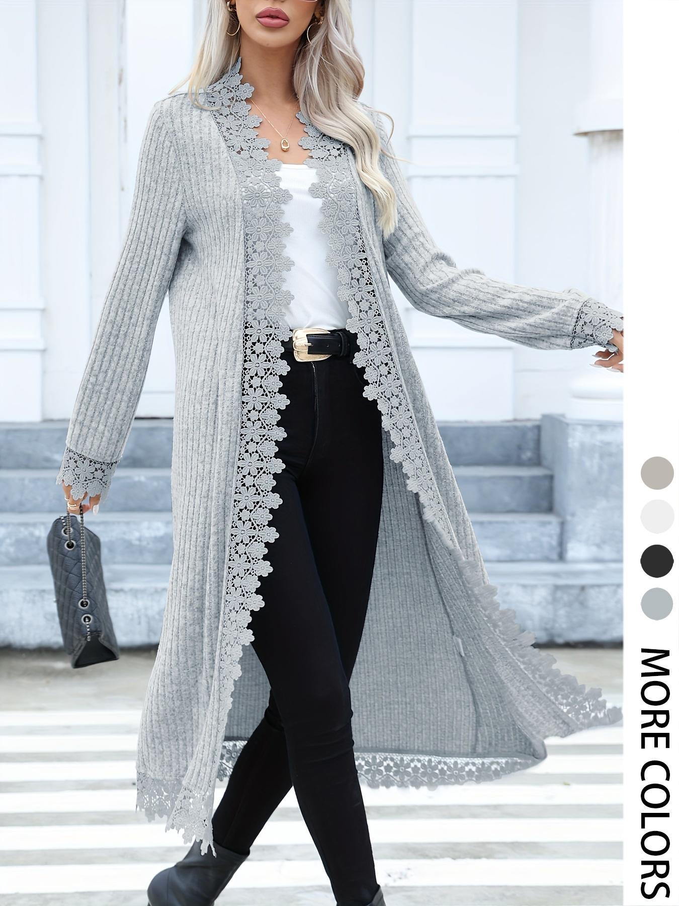 Women's Contrast Lace Open Front Longline Coat, Casual Long Sleeve Ribbed Outerwear for Spring & Fall, Ladies Clothes for Daily Wear