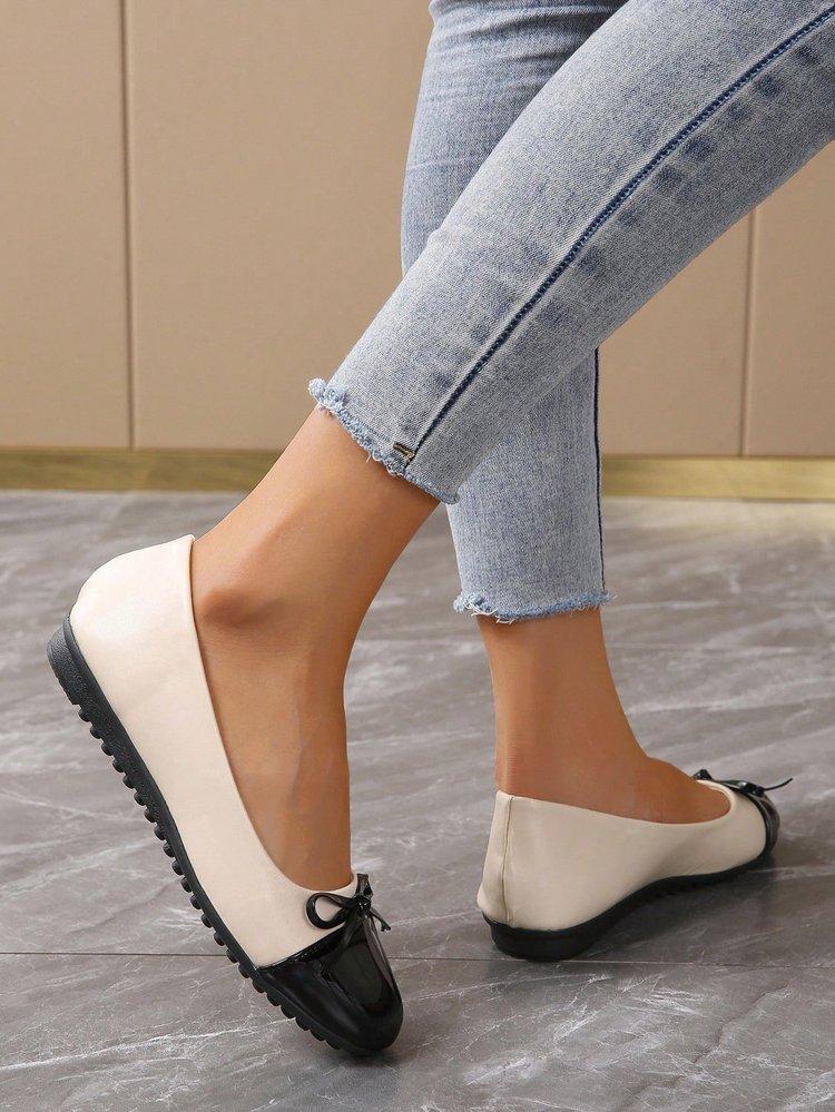 Women's New Black White Color Block Mary Jane Flats Bow Round Toe Comfortable Office Shoes Soft Sole Lazy Shoes