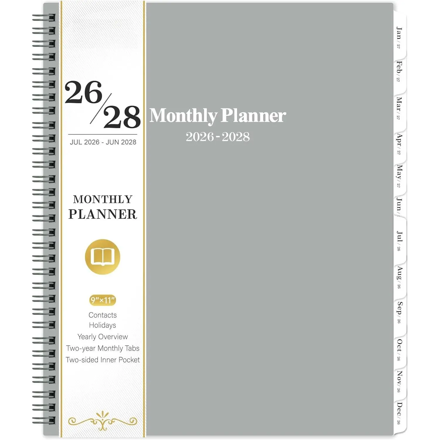 2026-2028 Monthly Planner/Calendar - 2 Year Planner 2026-2028, Monthly Tabs, 9’’ × 11’’, July 2026 - June 2028, Hard Cover, Inner Pocket - Grey
