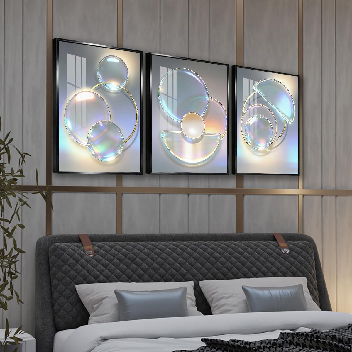 3 Counts Aluminum Alloy Framed Painting, Abstract Iridescent Glass Circles Design, Home Decoration For Living Room, Bedroom, Office, Restaurant, Hallway Wall Decor, Odorless Print Artwork, Luxury Perfect Gift For Friends And Family