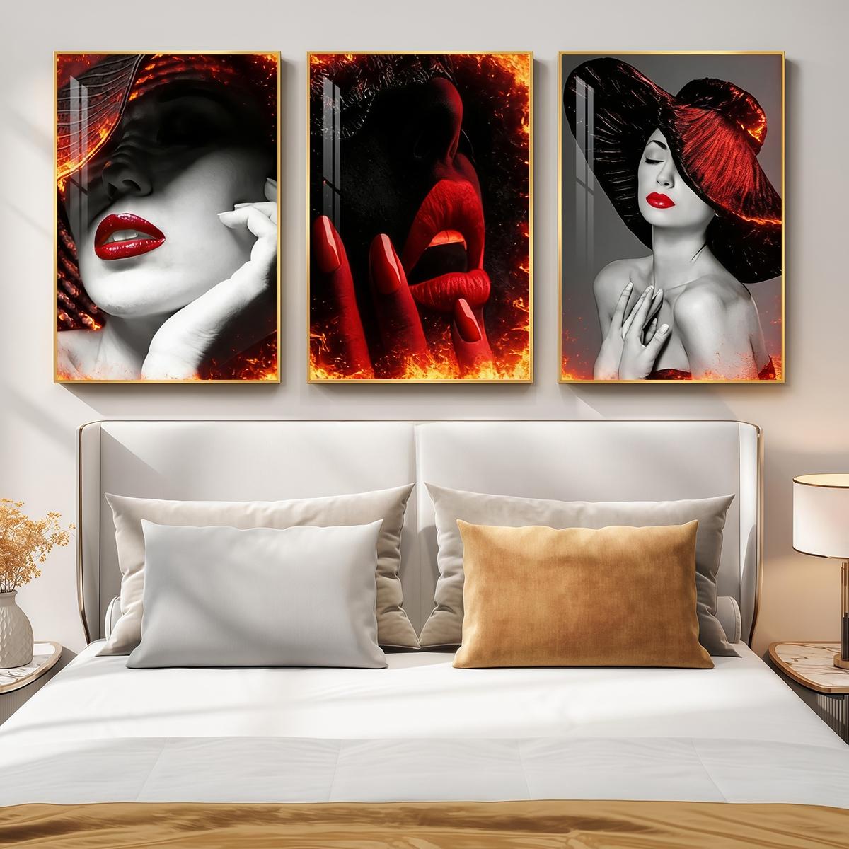 3 Counts Aluminum Alloy Framed Painting, Abstract Red Lips And Black Hat Lady Pictures, Home Decoration For Living Room, Bedroom, Office, Restaurant, Hallway Wall Decor, Odorless Print Artwork, Luxury Perfect Gift For Friends And Family