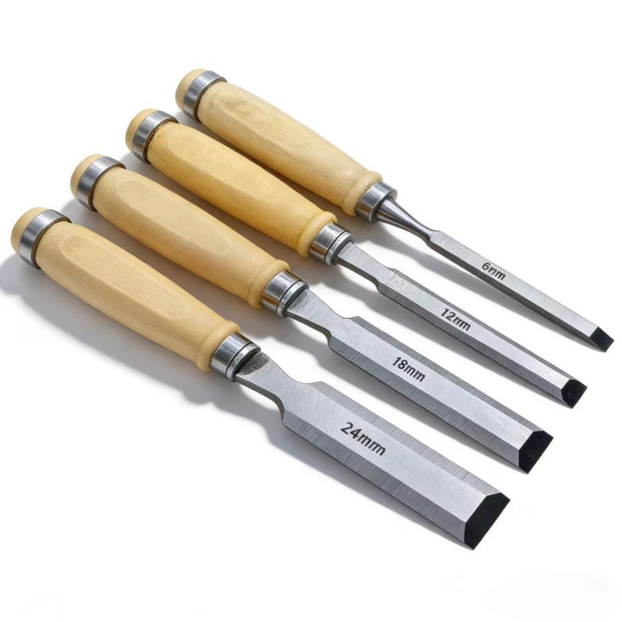 4-Piece Wood Chisel Set, High Carbon Steel with Birch Handle, 6/12/18/24mm, Ideal for Carving and Cutting, DIY and Professional Use