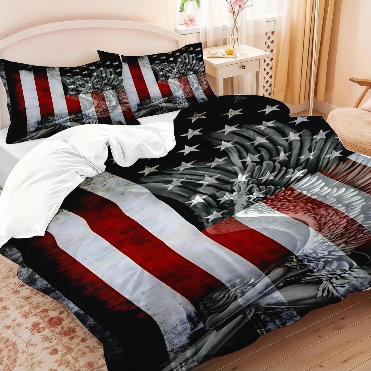 2/3 Piece Patriotic Themed Bedding Set: Eagle And American Flag Print Duvet Set, Duvet Cover Sets, Soft And Breathable, Easy Maintenance, 1 Duvet Cover+1/2 Pillowcase, No Padding/Zipper Closure, Bedroom Decoration Bedding