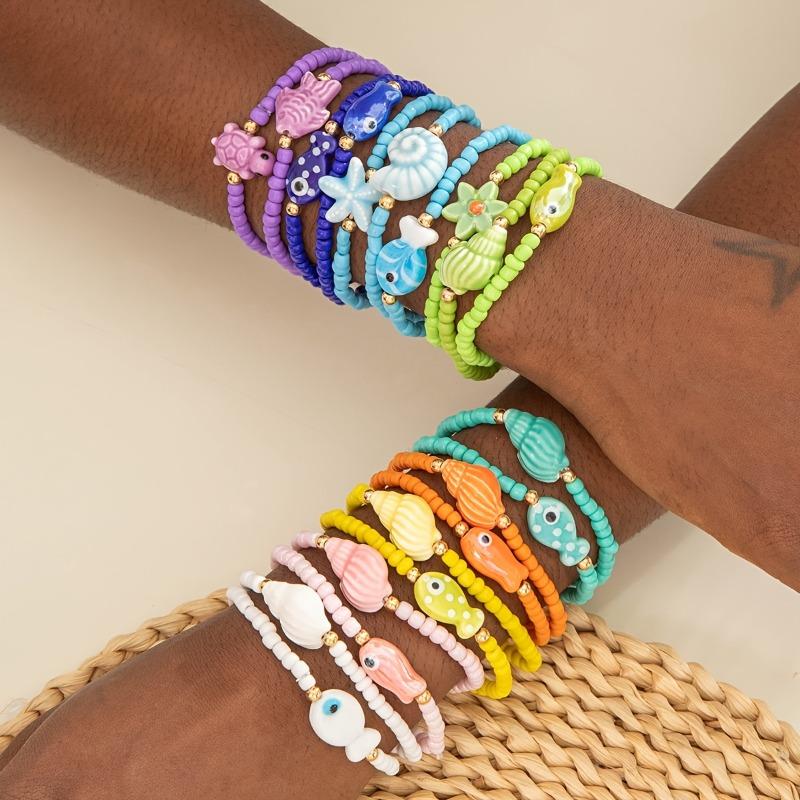 Women's 20pcs Colorful Bracelet Set - Stackable Beach Charm Arm Candy with Round Beads and Ocean Charms for Vacation & Casual Wear, Daily Wear, Colorful Beads, Arm Candy Accessories, Bracelet Stacking, Bracelets