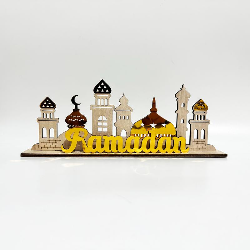 Ramadan Wooden Decorative Figurine, Islamic Mosque Style Desktop Ornament, Eid Festival Home Decoration, Festive Atmosphere