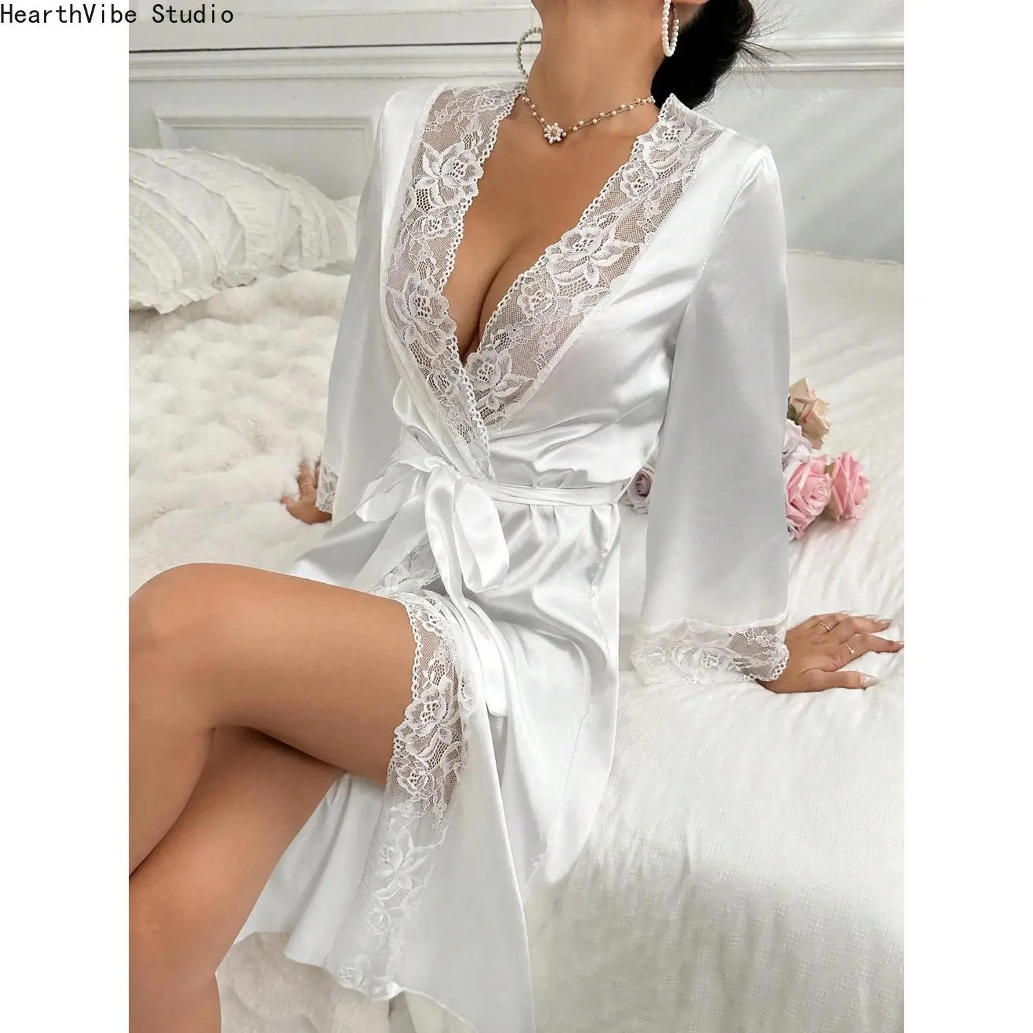 Women's Elegant Bridal Robe with Lace Patchwork, Solid Color Sexy Nightgown, Fitted Lady Loungewear