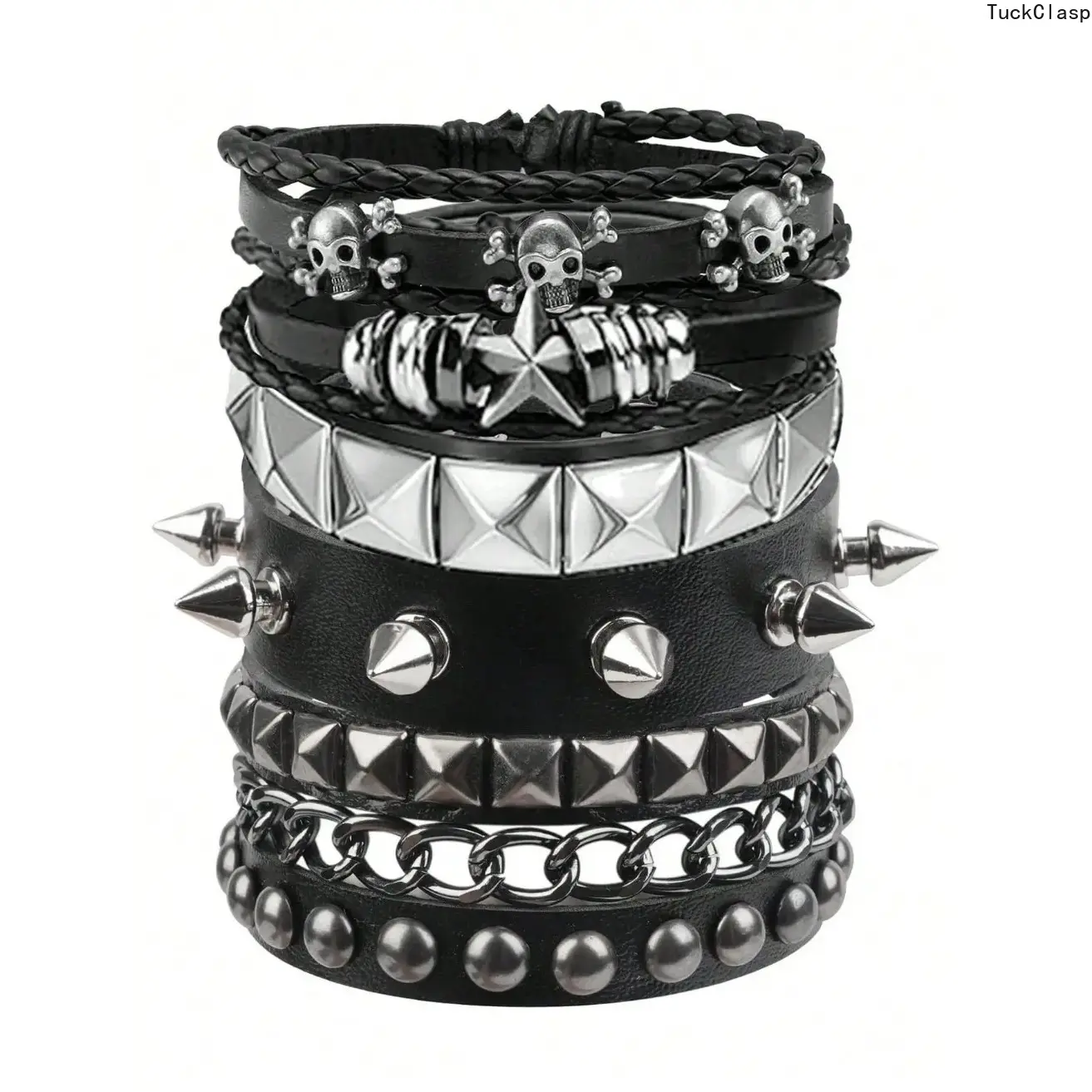 Y2K Punk Bracelet Set, 5-Piece PU Leather Studded Rivet Wristbands, Gothic Grunge Stackable Cuff Bracelets, Adjustable Spiked Jewelry for Concerts, Festivals, Cosplay, Streetwear & Party Outfits