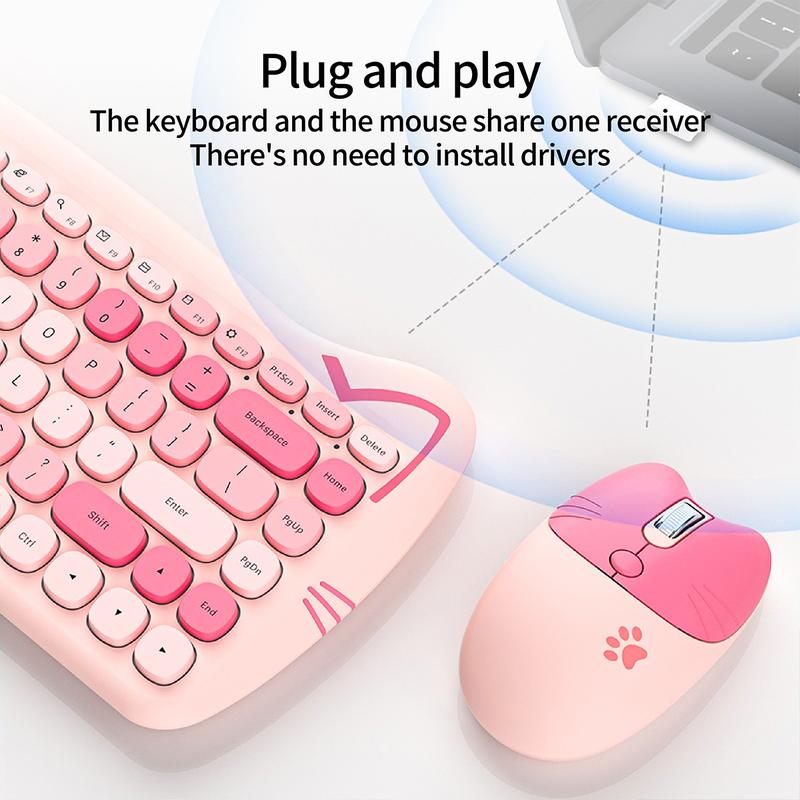 Mofii Pink Cat Keyboard and Mouse Combo, 2.4G Wireless Connection, Cute Aesthetic, Silent Office Use, Compact 2-Zone Keyboard, Universal for Desktops & Laptops, US QWERTY Layout (Batteries Not Included)