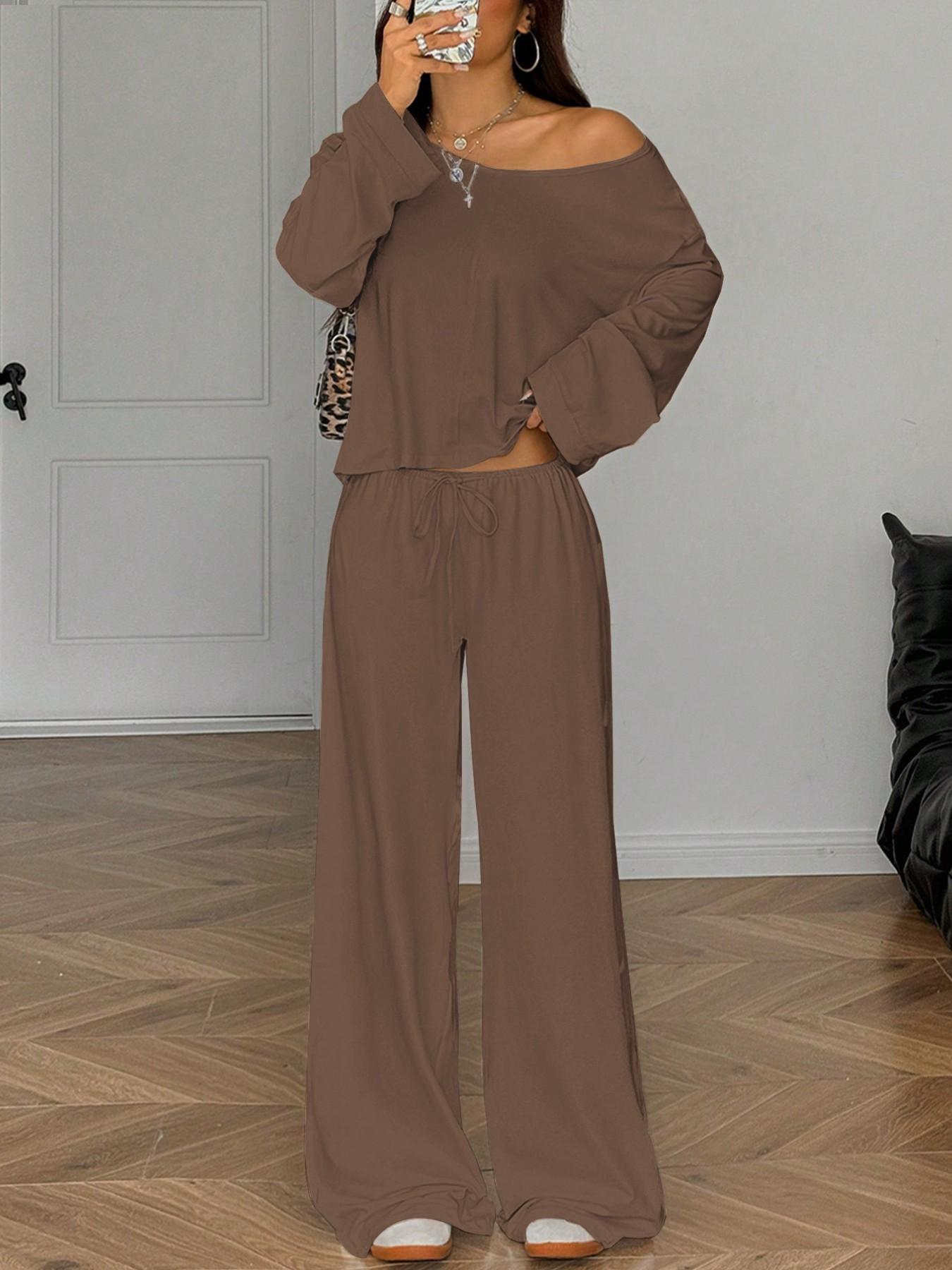French Minimal Chic Cold Shoulder Cutout Two Piece Set, Summer Casual Loose Cropped Top & High Waist Adjustable Drawstring Trousers, Figure-Flattering Loungewear