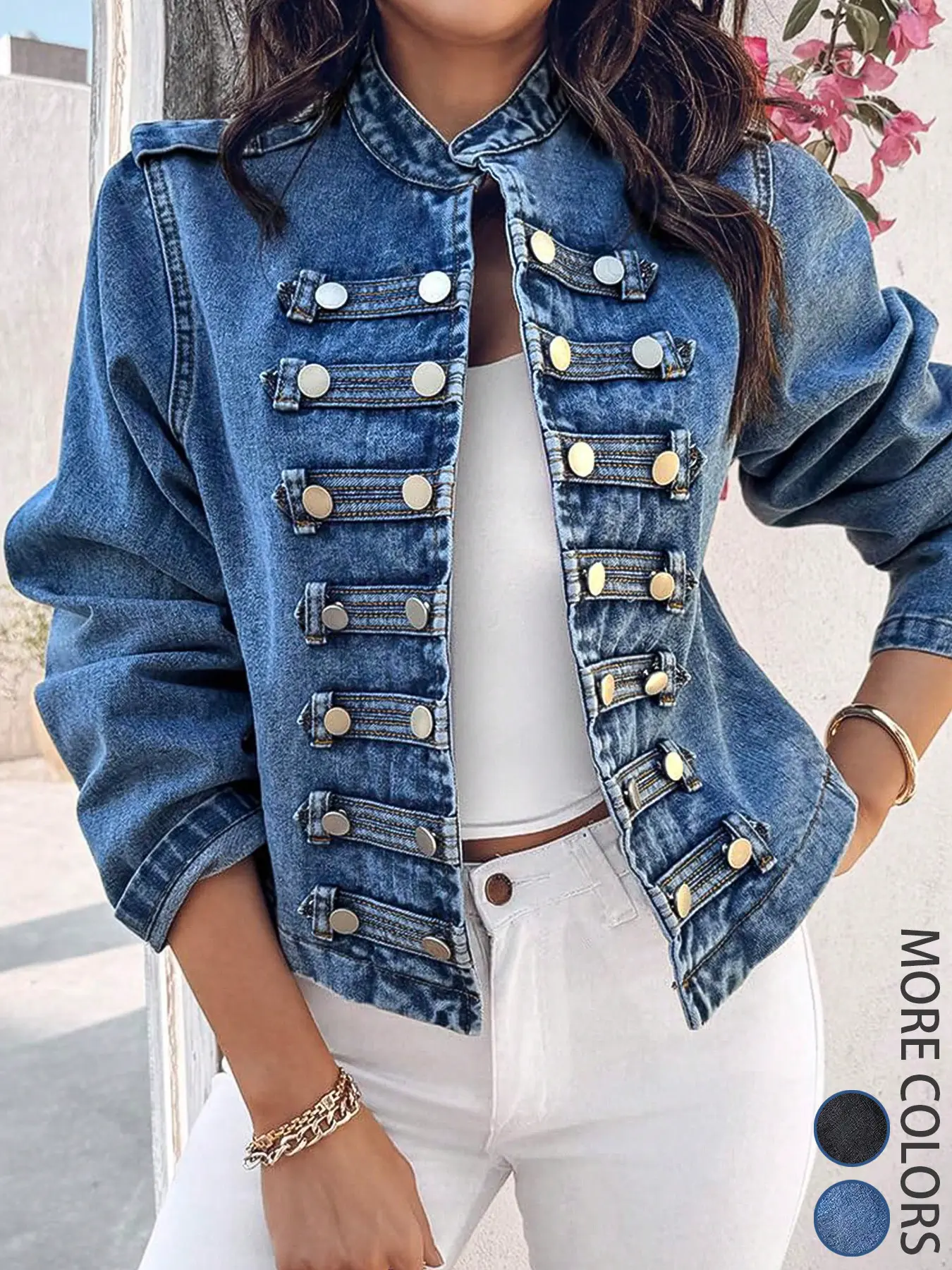 Women's Casual Button Decorative Stand-Collar Loose Fit Denim Jacket With Double-Breasted Front Design, Stylish and Comfortable, Perfect for Everyday Wear, Trendy Outerwear