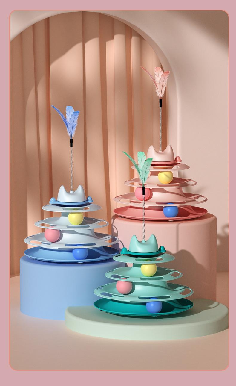 Three-Layer Cat Turntable Toy, Indoor Cat Educational Game Track Tower, Interactive Ball Toy, Three-Color Exercise Game