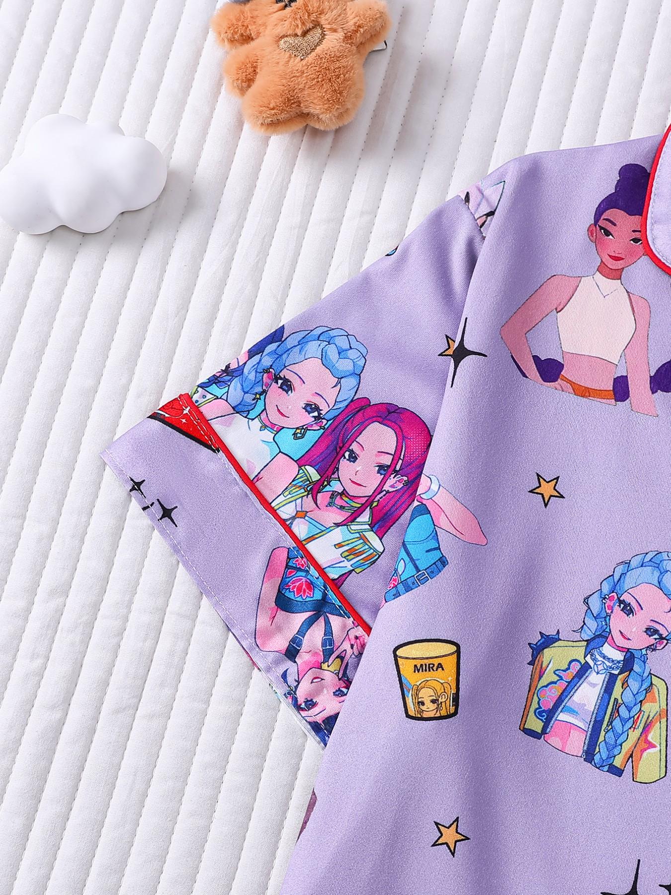 2-piece children's set featuring full-body K-pop cartoon girl prints, short sleeves, shorts with soft and comfortable top, small pockets, lapel design, elastic waistband, suitable for year-round home wear, casual leisure children's pajama set