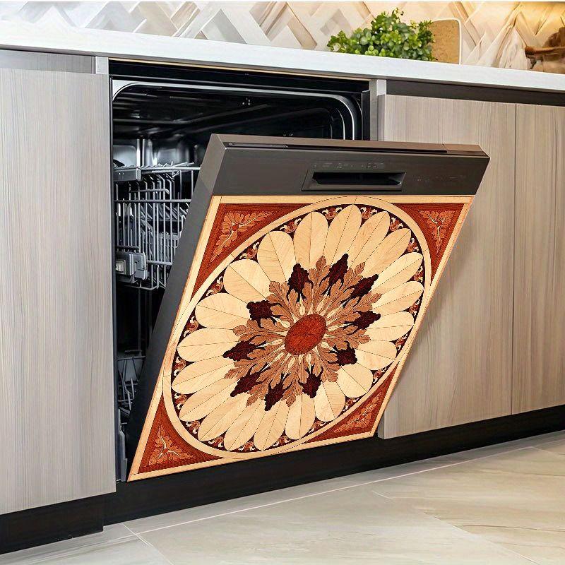 2D Flat 2Pcs Dishwasher Front Panel Cover Decal Sticker Wooden Mandala Sunburst Pattern Kitchen Appliance Decorative Stickers Waterproof PVC Home Decor for Refrigerator Washing Machine Furniture Makeover Boho Rustic Style