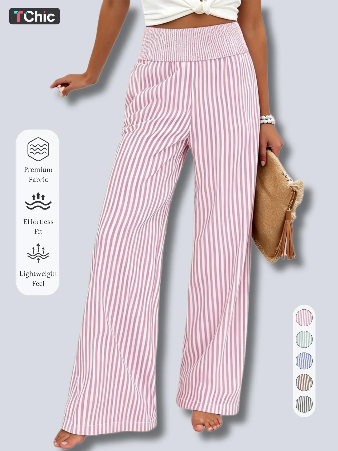 New Women's High-Waisted Long Pants, High Waistband Pants, Striped Print, Elastic Waist, Pocket Design, Elegant Casual Chic Style, Boho Loose Fit, All Seasons, Loose-Fitting, Baggy, Oversized, All Season Trousers