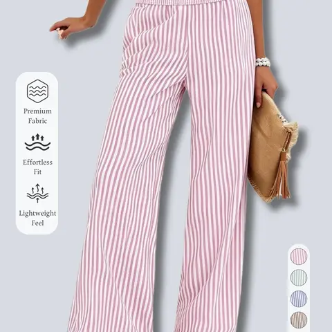 New Women's High-Waisted Long Pants, Striped Print, Elastic Waist, Pocket Design, Elegant Casual Chic Style, Boho Loose Fit, All Seasons, Loose-Fitting, Baggy, Oversized, All Season Trousers, Fashion Bottoms