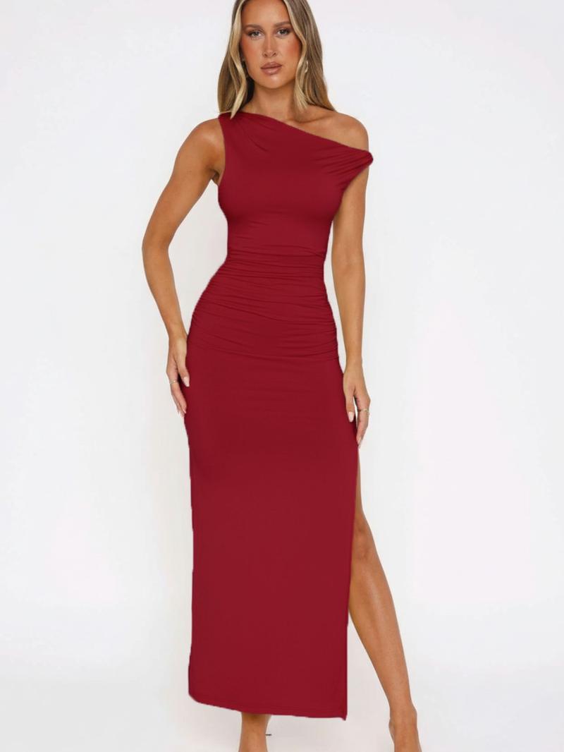 Spring Summer New One Shoulder High Slit Evening Dress, Slim Fit A-Line Floor-Length Gown, Elegant Party Wedding Dress