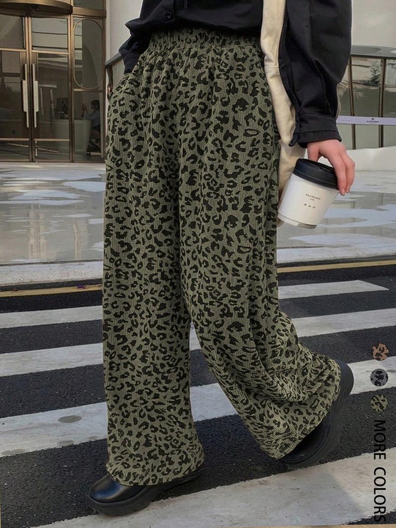 Women's Casual Leopard Print Elastic Waist Corduroy Loose Fit Pants, Comfortable and Stylish, Perfect for Daily Wear,All Season, Back To School Clothes Fall