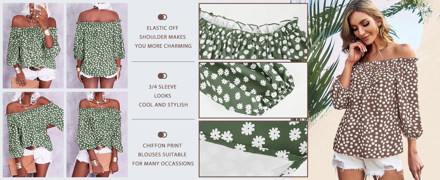 Cicy Bell Womens Summer Off Shoulder Blouse Floral Print 3/4 Sleeve Casual Chiffon Tops Shirts