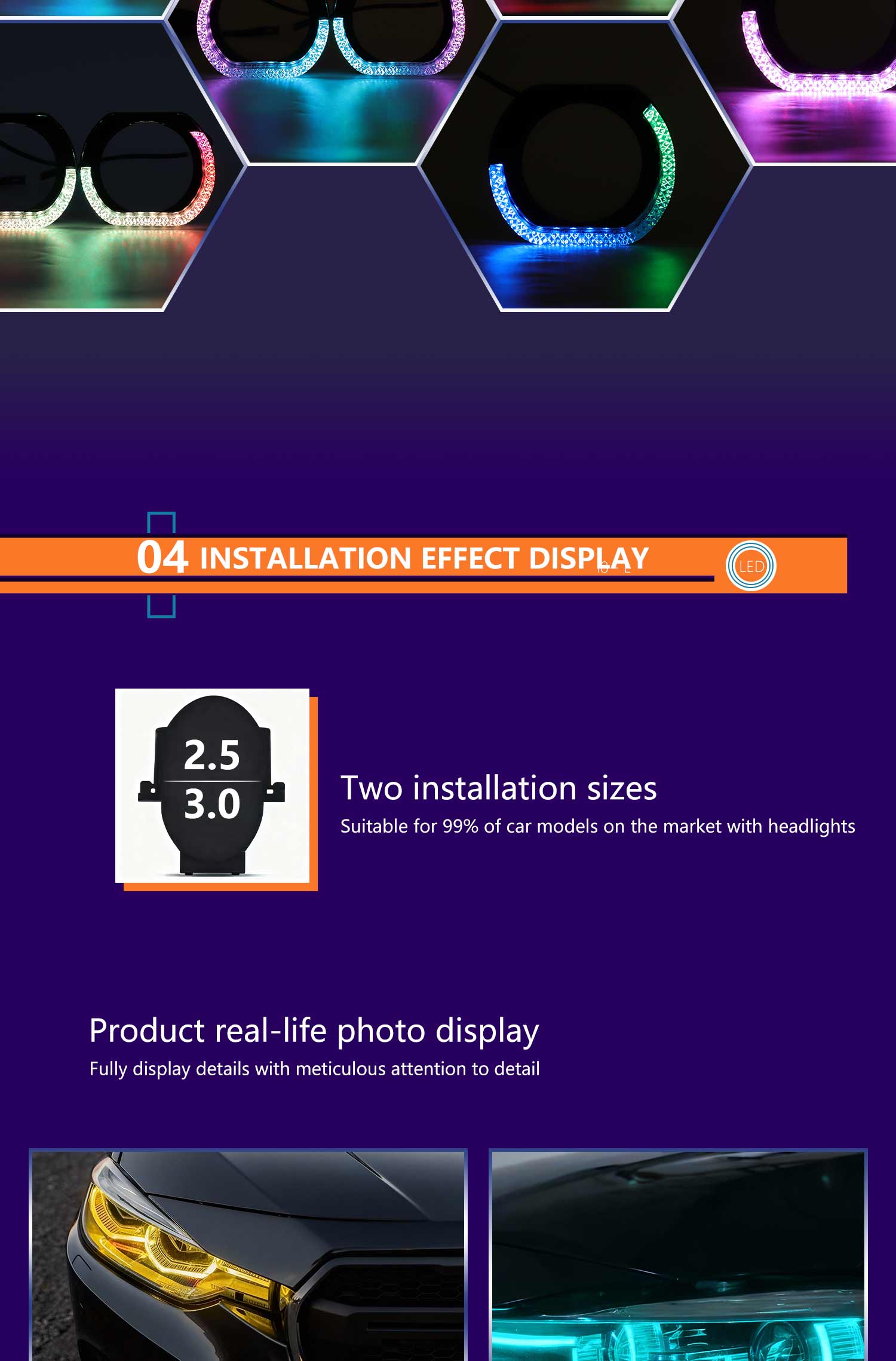 2PCS 5D RGB Angel Eyes Halo Rings Lights with Turn Signal Lights APP Bluetooth LED Motorcycle Retrofit DRL Car Headlight 12V