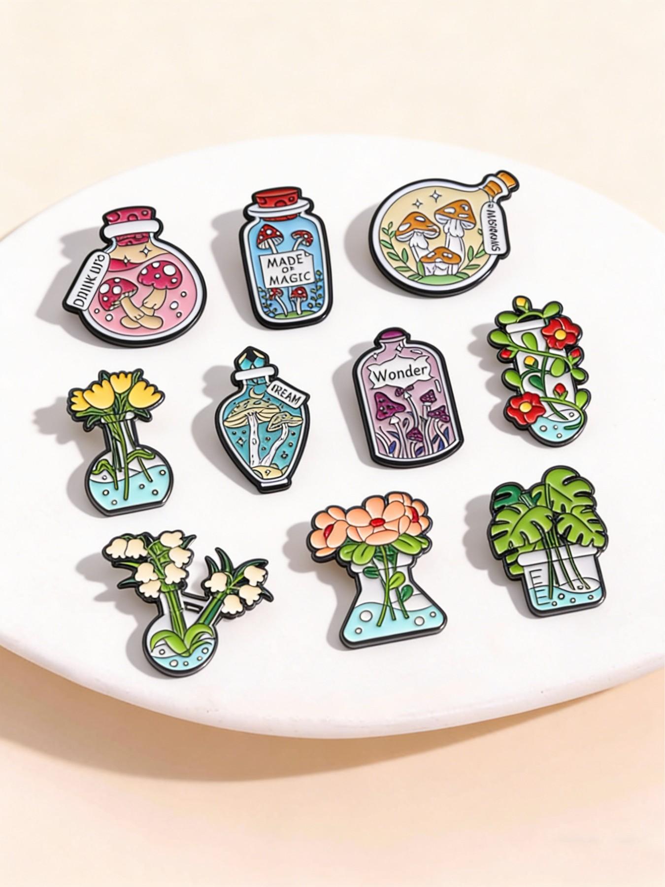 10Pcs Fantasy Magic Plant Bottle Brooch Set, Mushroom Flask & Floral Beaker Design, Fashion Clothing Accessory, Unisex Daily Wear Gift