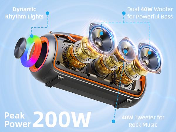 Portable Bluetooth Speakers 200W Peak Sound Deep Bass IP65 Waterproof Outdoor w 2 Subwoofer Tweeter DSP Bass Boost Fast Charging TWS TF USB AUX 24H Playtime Audio