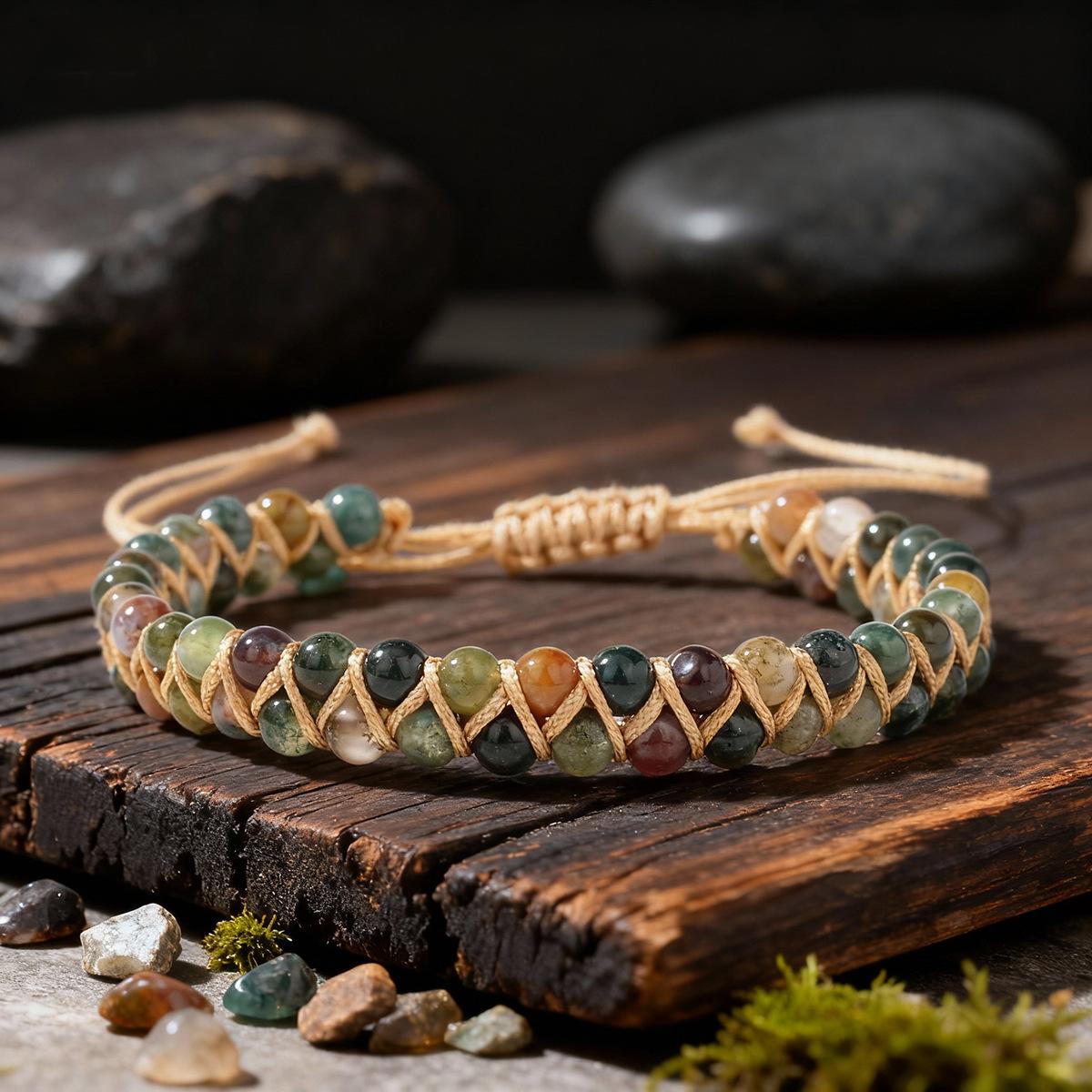 Bohemian Stone Bracelet Crystal Natural Indian Agate Braided Bracelet - Adjustable Macrame Healing Jewelry for Women & Men