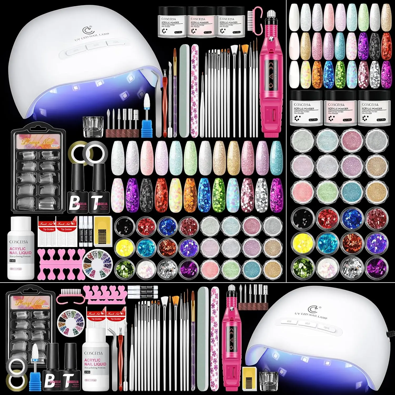58PCS Acrylic Nail Kit for Beginners with Everything, 3 Colors Professional Acrylics Powder with Drill and U V Light 24pcs Glitter Decoration Complete Acrylic Nail Set Home Salon Design Gift Set