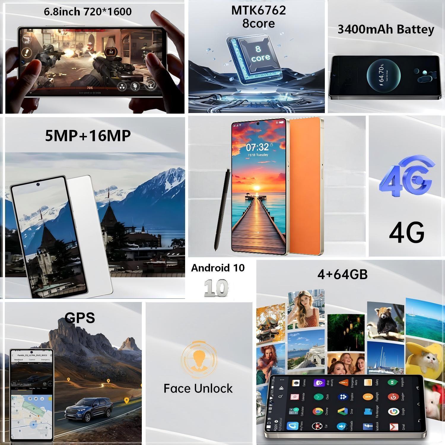 6.6-inch large screen Android phone, 4GB RAM + 64GB ROM, 5MP+16MP cameras, 4G network, dual SIM card support