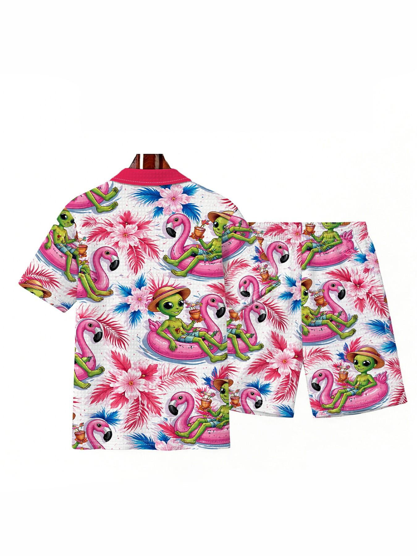 Men's Humorous Firebird Alien Print Polo Set, Large Size Zipper Design, Summer Casual Breathable Beach Wear, Loose-Fitting Blouse