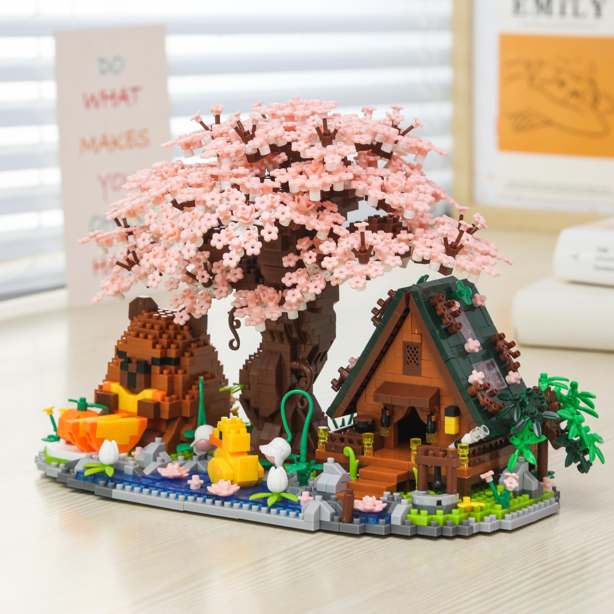 Sakura Tree House Building Blocks Set, Capybara Bricks Kit, Cute Micro Particles Model, Creative DIY Landscape Suite, Home Decor Gift
