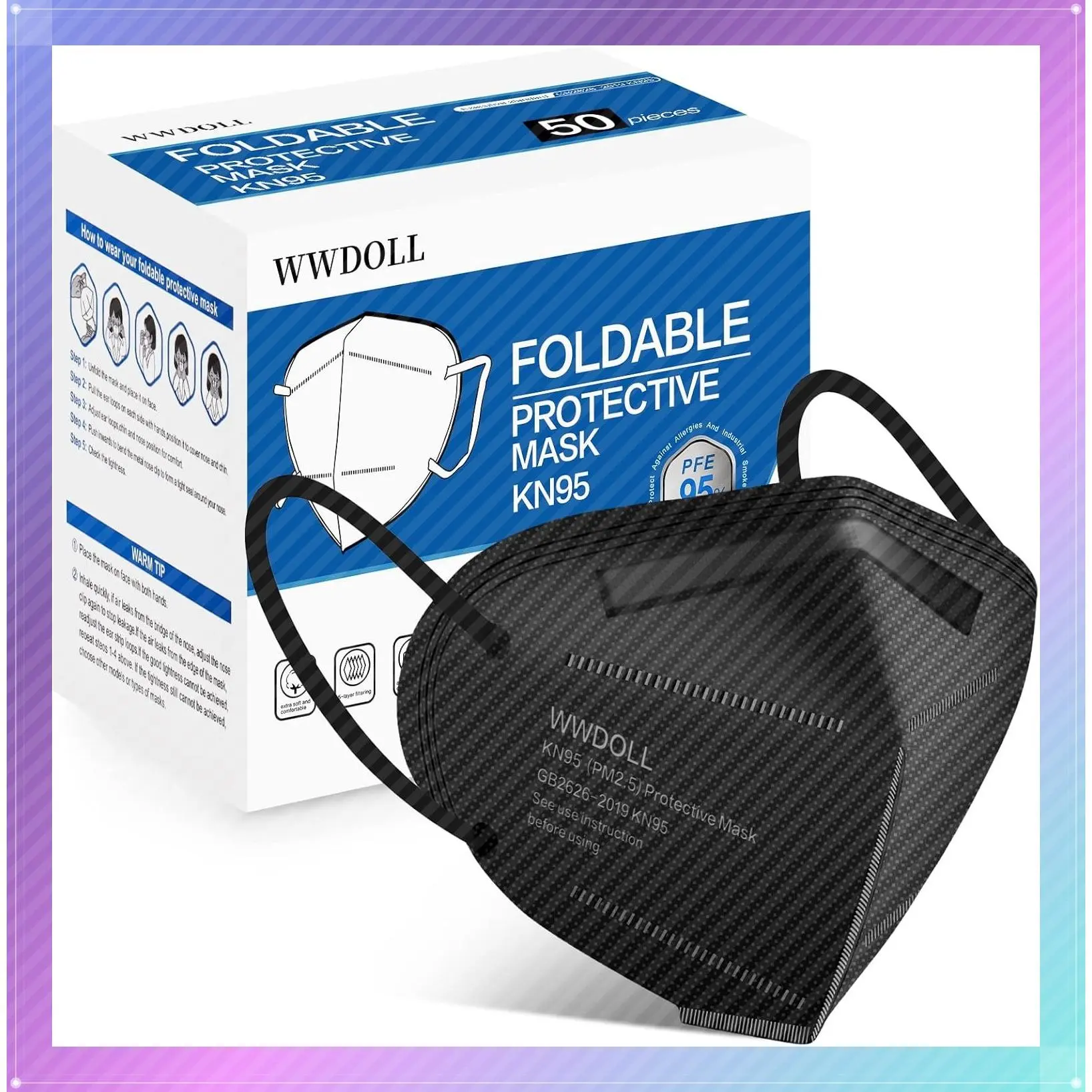 KN95 Face Masks 50 Pack, 5-Layer Breathable Disposable Respirator Mask for Adult BlackGift