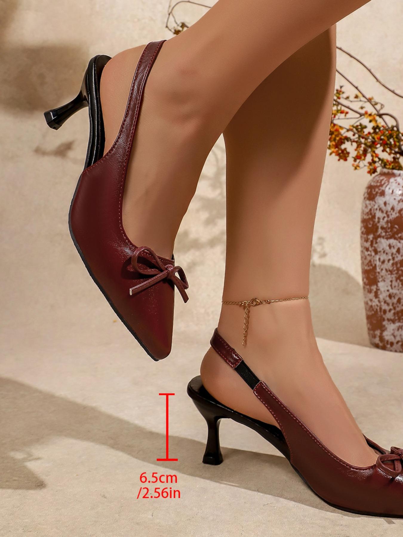 Women's Burgundy Bow Pointed Toe Slingback Kitten Heels, Vintage Elegant Coquette-Chic Style, Party Pumps #VintageElegantShoes, #BurgundyBowHeels, #CoquetteSummerSandals