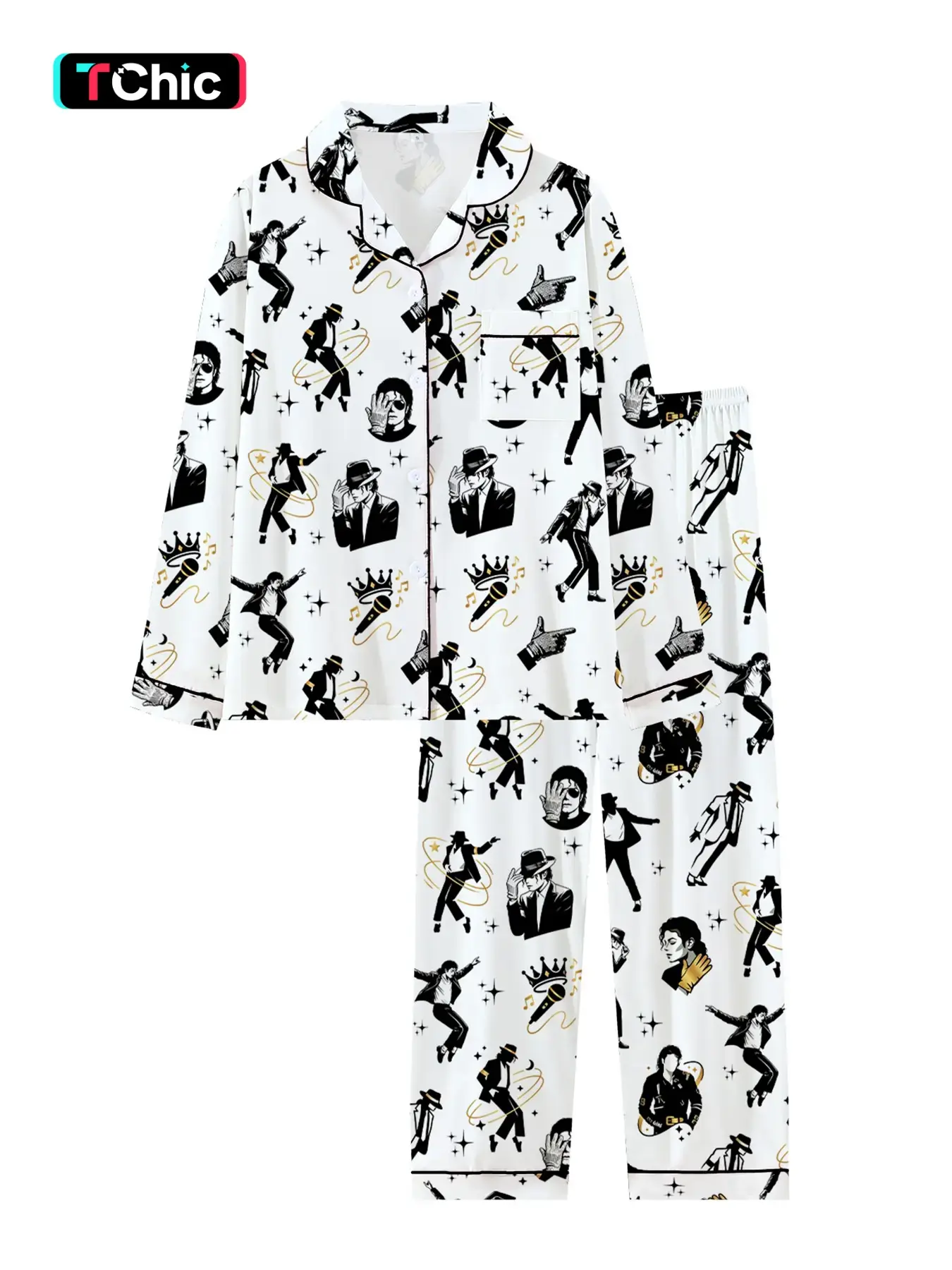 Women's Cute Retro Music Star Pajamas Set, Comfortable 2-Piece Long Sleeve Sleepwear Loungewear, High-Style Party Pajamas, Fun