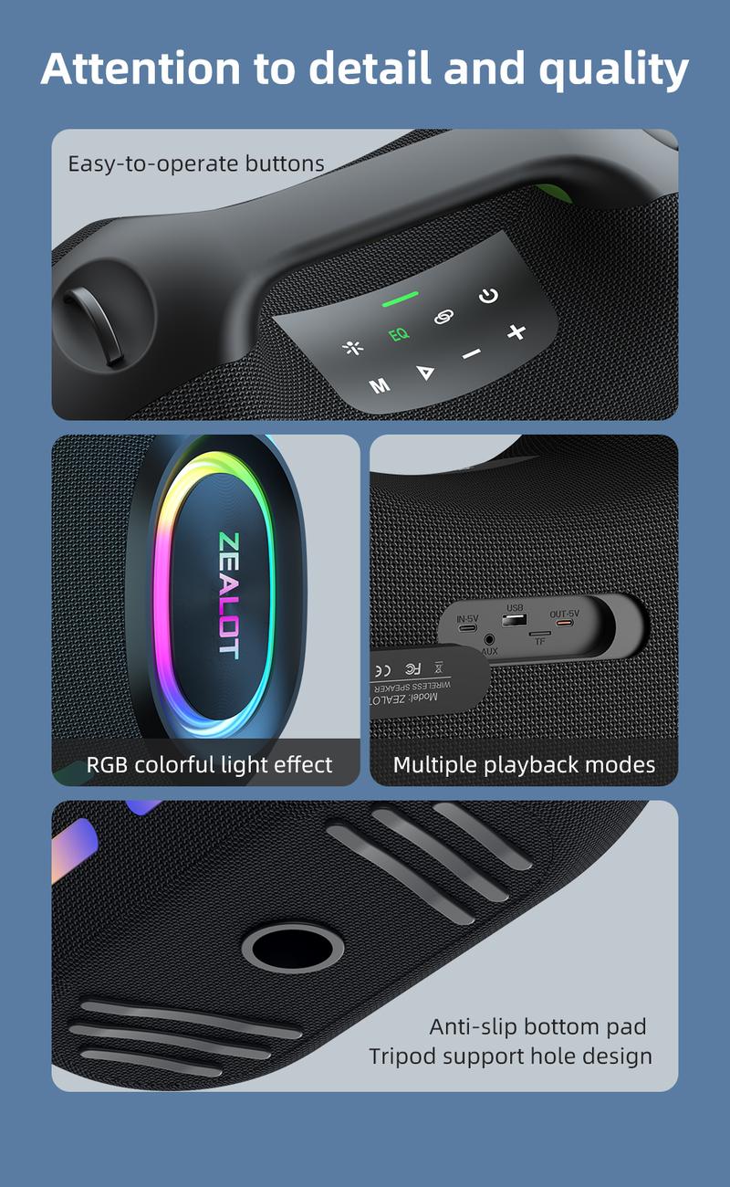 250【ZEALOT】Portable wireless speaker high ,fidelity sound and audio, desktop Bluetooth speaker surround sound, TWS pairing, 48000 long battery life, supports USB/TF card/AUX/BT smartphones. Ideal choice for family/car/party/camping/gift giving