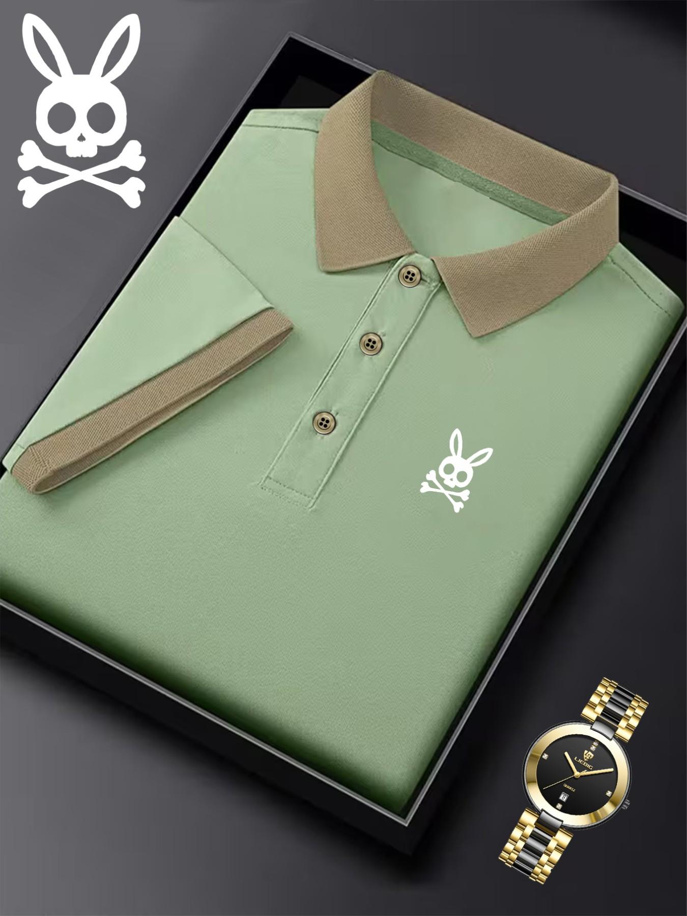 Men's Ff4370 Skull Rabbit Print Polo Shirt, Casual Fitted Short Sleeve, Breathable Elastic Fabric, All-Season Wear, Style