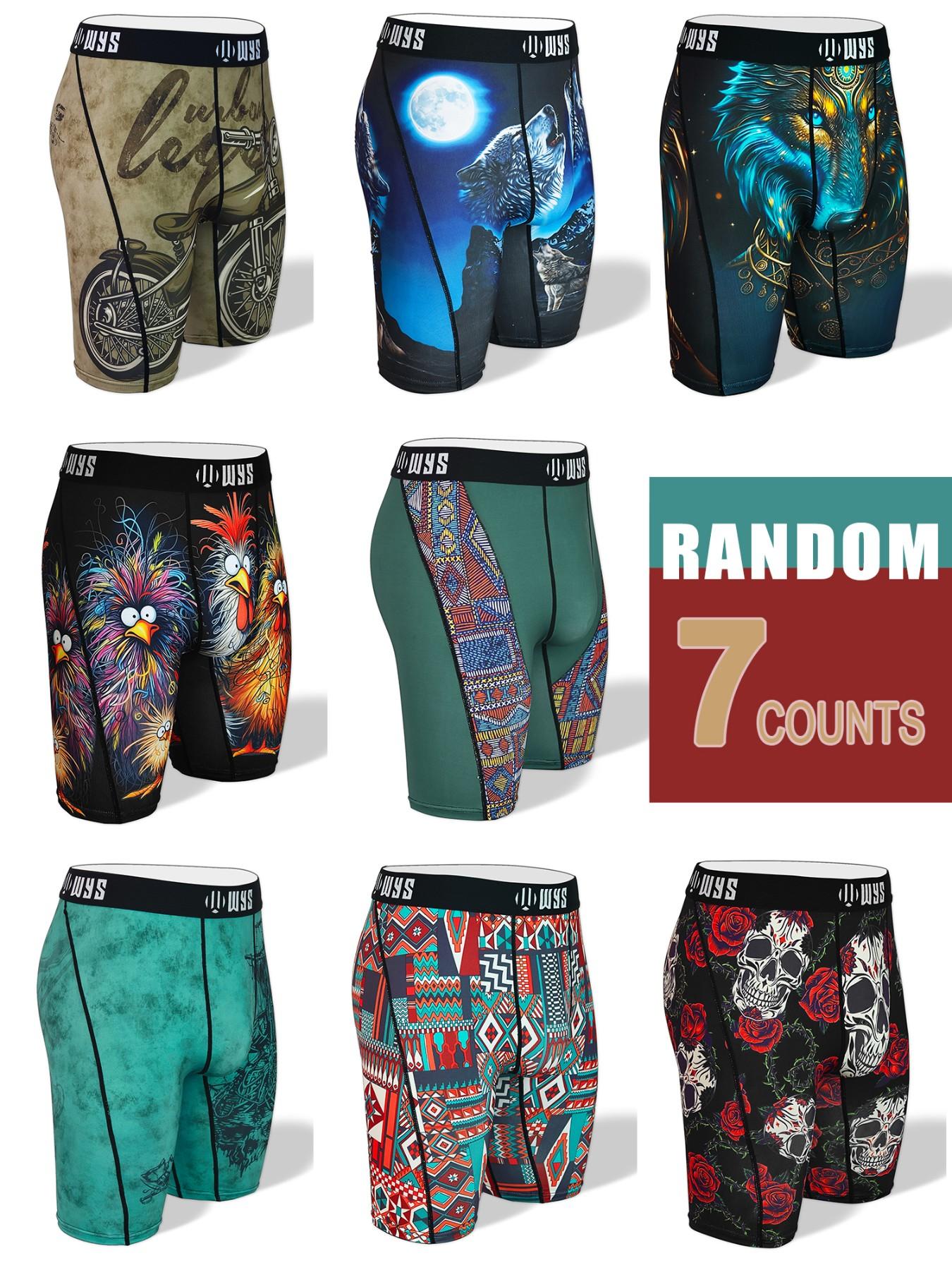 RANDOM-7PCS,Men's 7-Pack Long Brief Underwear, Boxer Briefs, Moisture-Wicking, Anti-Chafing, Quick-Dry, Sporty, Halloween Prints, Comfortable, All Seasons