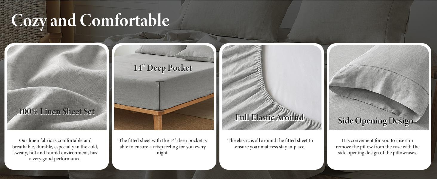 Simple&Opulence 100% French Linen Sheet Set Handmade Hemstitch-Natural Flax Farmhouse Bed Sheets( Flat Sheet, Fitted Sheet, Pillowcase)-Solid Color Soft Breathable Bedding