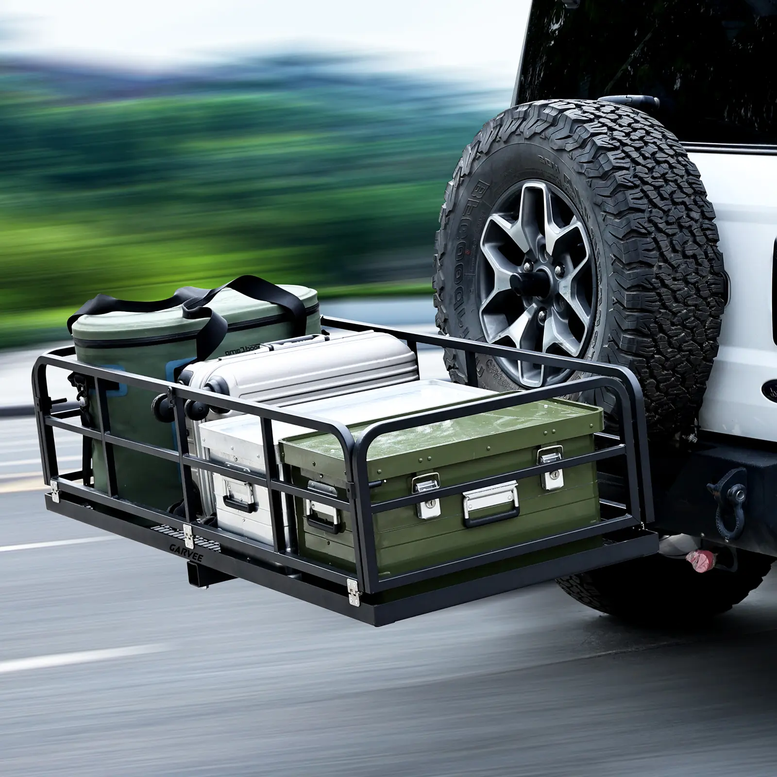 Garvee Heavy-Duty Folding Hitch Cargo Carrier Basket, 750 lb Capacity - 60" x 26" Platform, Fits 2" Receiver - Wheels & Carry Handle for SUV/Truck/RV Travel & Camping - Black