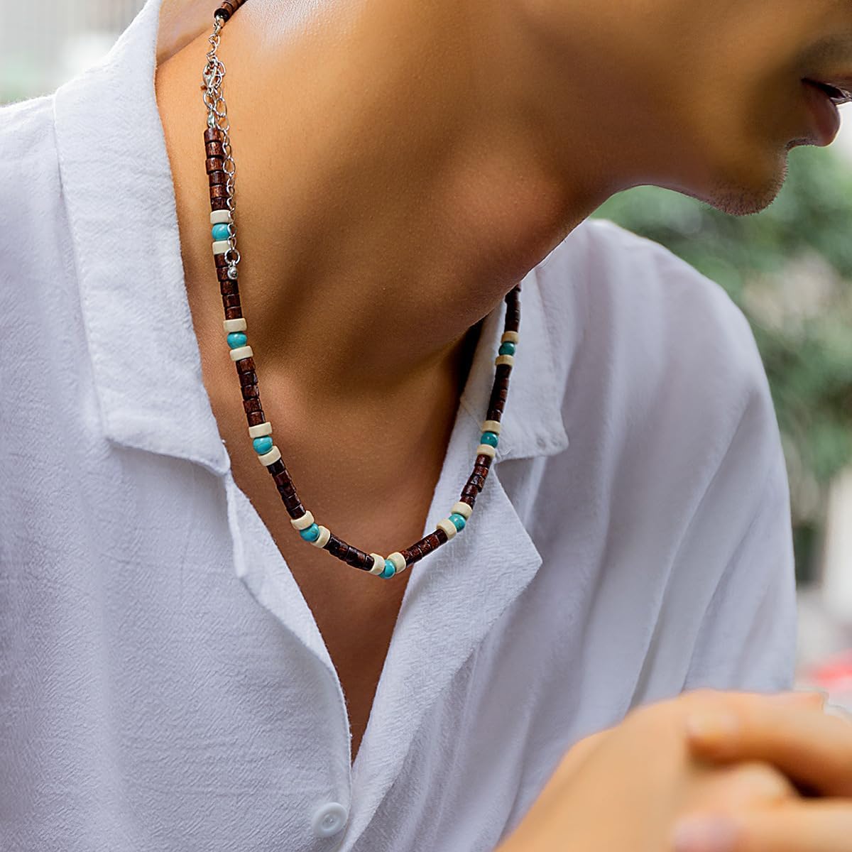 Puka Shell Necklace Beaded Necklace for Men,Men Surfer Necklace Mens Brown Coconut Seashell Turquoise Heishi Choker Necklace for Women,Summer Conch Beach Necklace